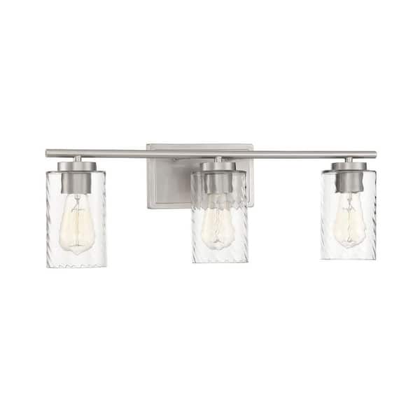 24 in. W x 8.63 in. H 3-Light Brushed Nickel Bathroom Vanity Light with Clear Cylinder Glass Shades