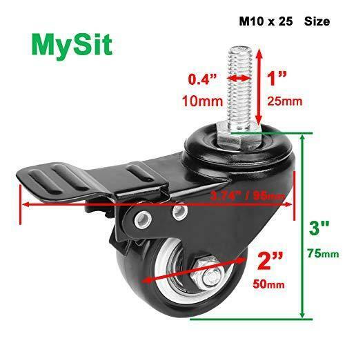 MySit 2" Casters with Brake Lock (Threaded Stem Bolt M10x25), Heavy Duty Swivel
