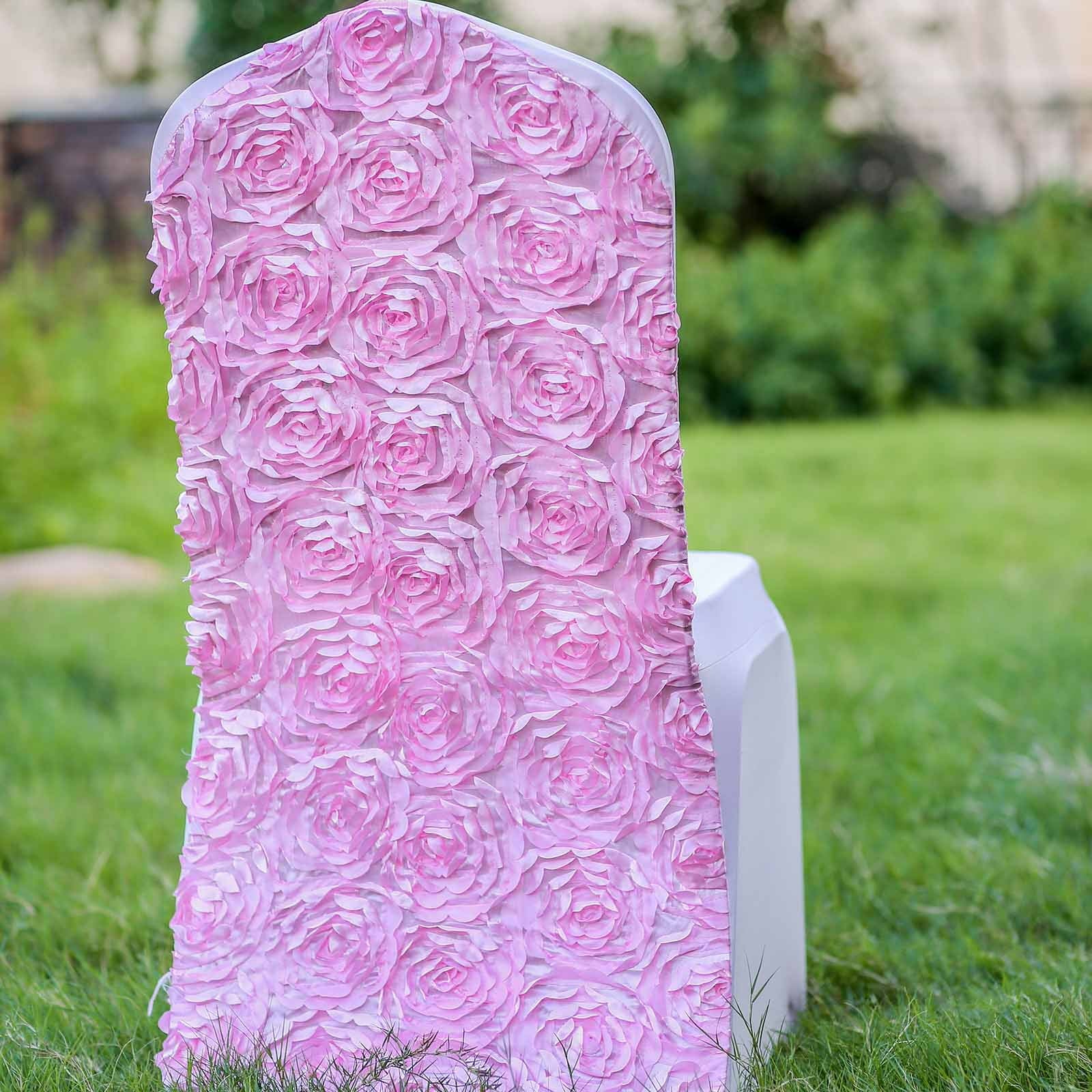 BalsaCircle Pink Satin Raised Roses Spandex Stretchable Banquet Solid Chair Covers Slipcovers