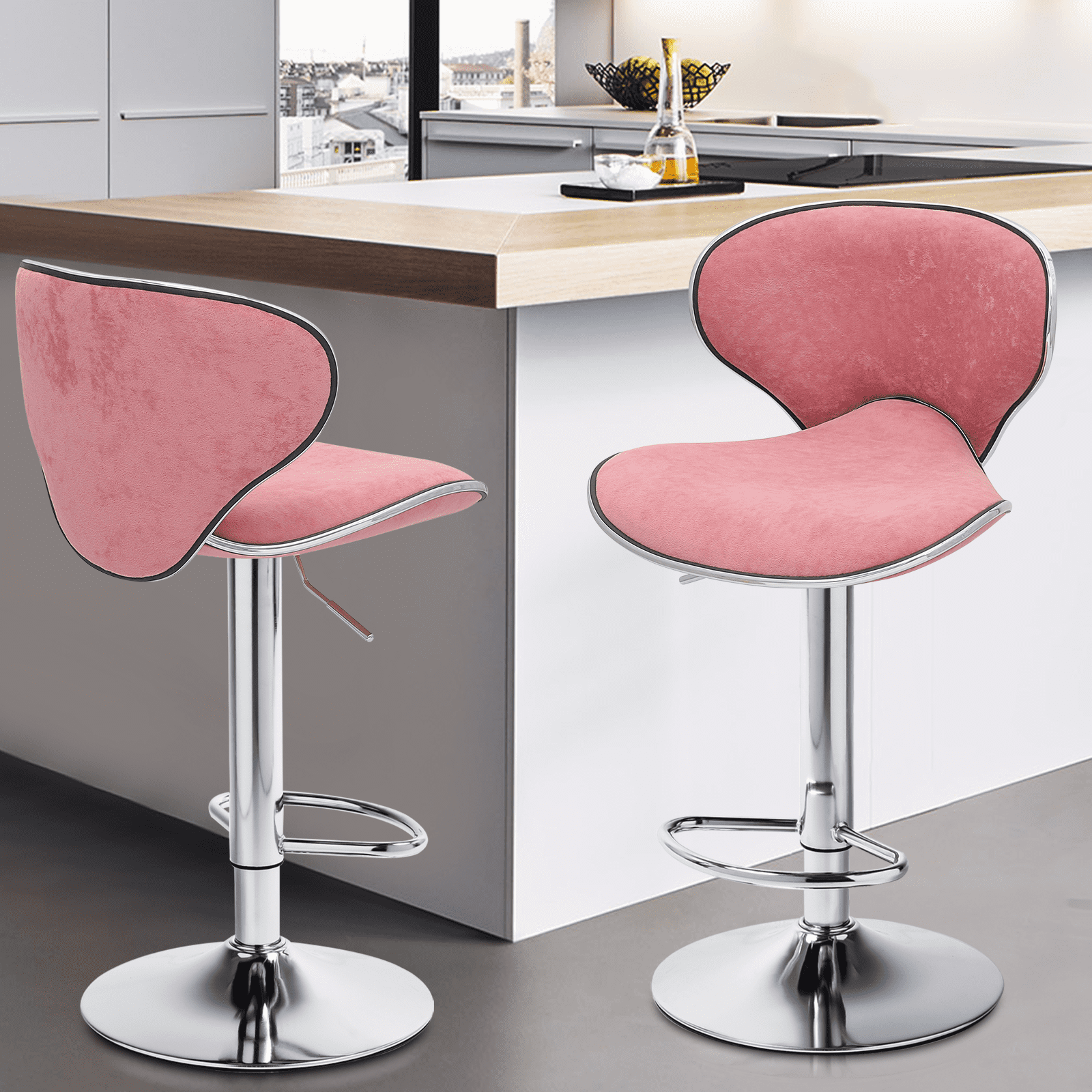 Magshion Velvet Adjustable Counter Height Bar Stools Set of 2, Swivel Kitchen Counter Island Dining Chairs with Curved Back, Pink