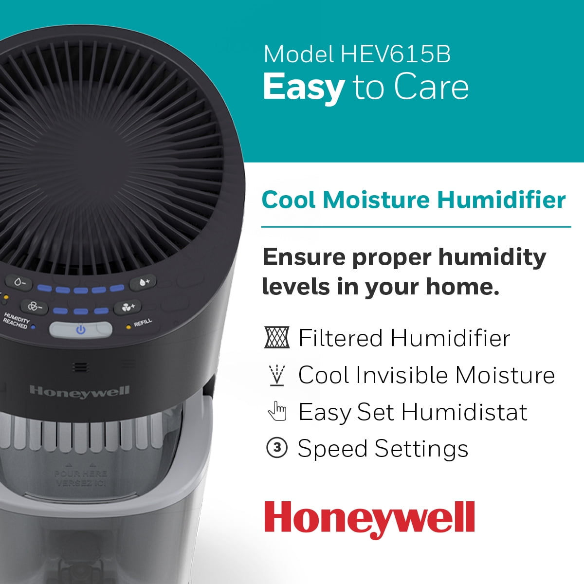 Honeywell 1.7 gal 500 sq ft Top Fill Cool Moisture Tower Humidifier with Humidistat Black, HEV615B