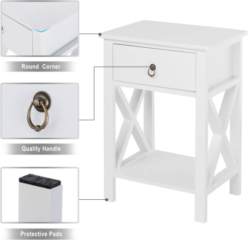 Bonnlo White Nightstand with Drawer and Shelf, Farmhouse Night Stands