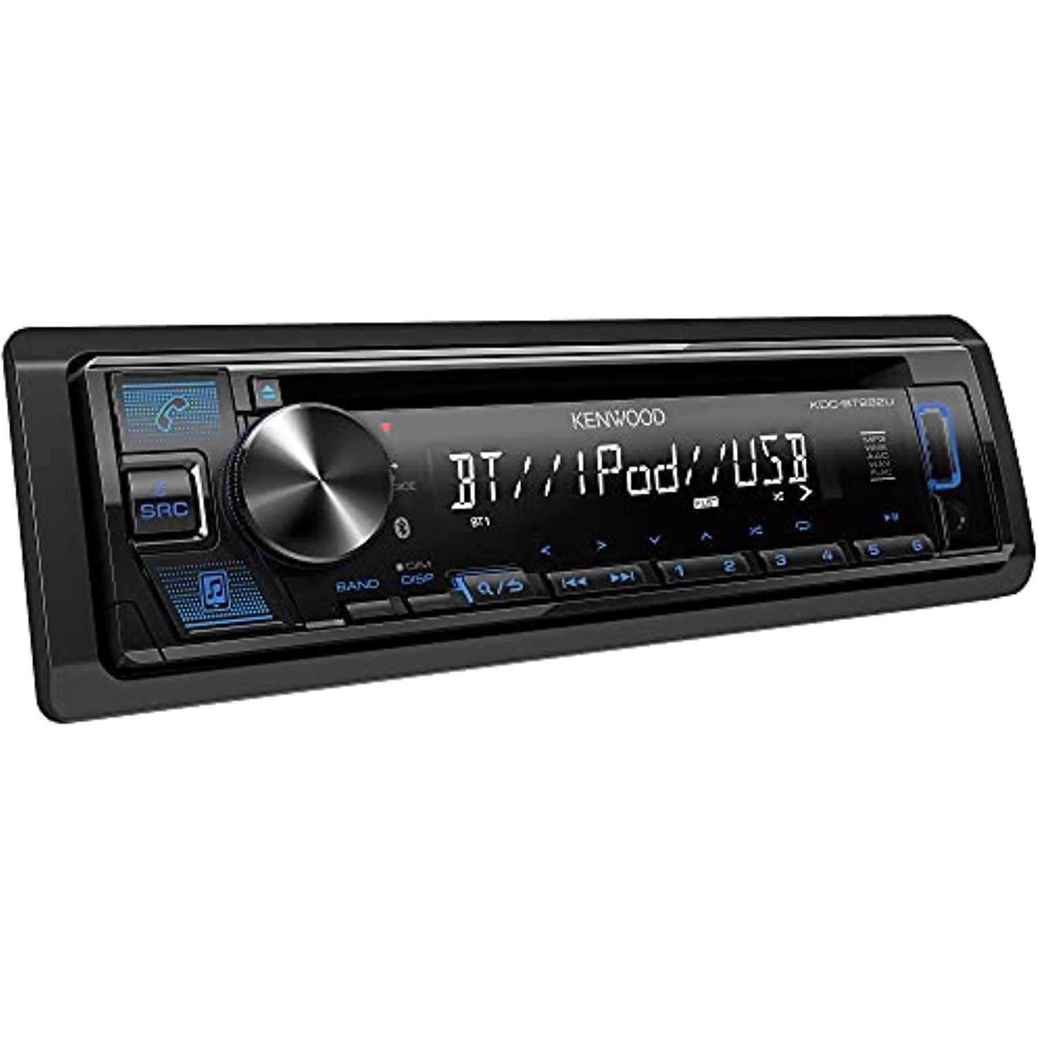 KENWOOD KDC-BT282U CD Car Stereo - Single Din, Bluetooth Audio, USB MP3, FLAC, Aux in, AM FM Radio, Detachable face with White 13-Digit LCD Display and Blue Button Illumination