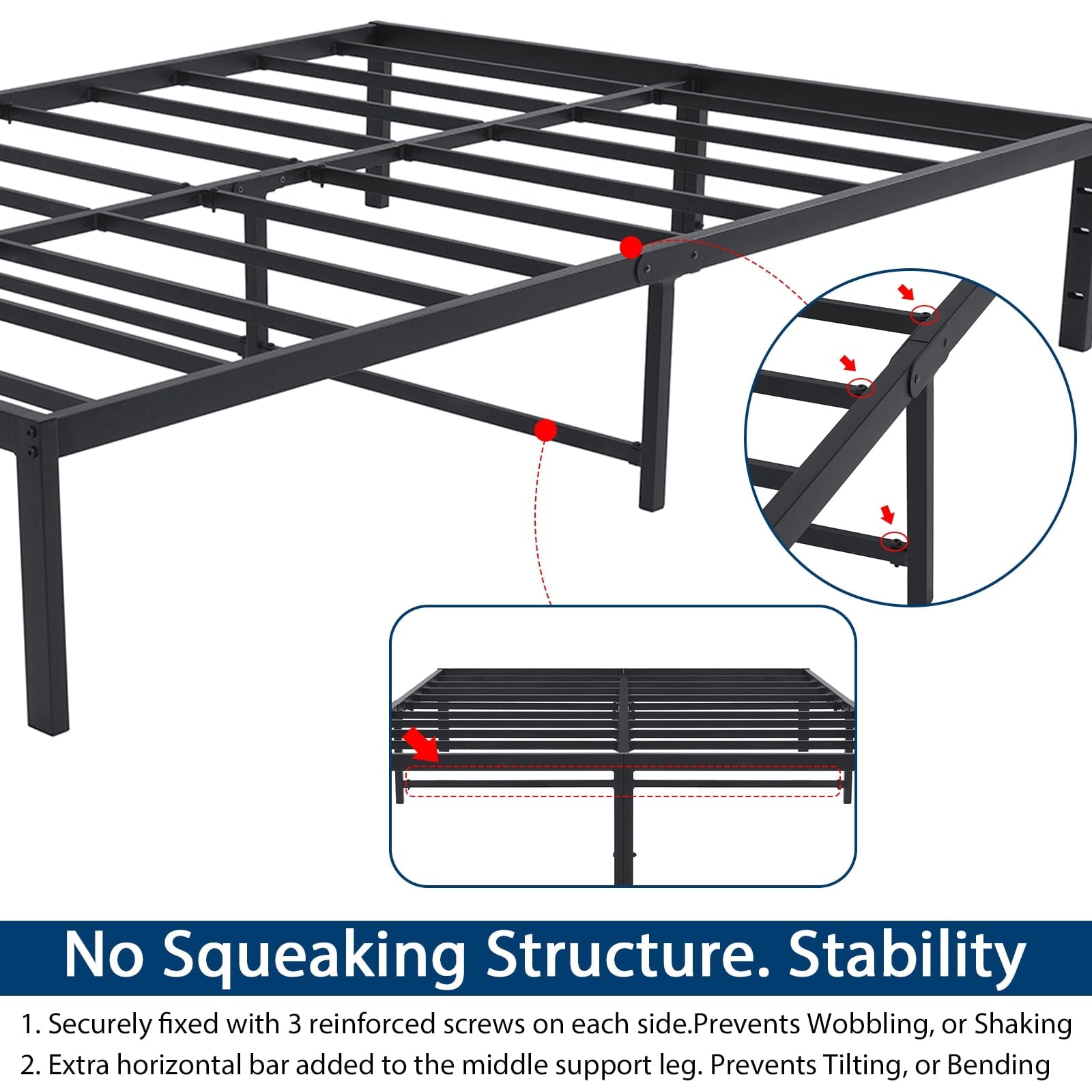 Lusimo Metal Queen Bed Frame with Storage No Box Spring Needed 14 inch Heavy Duty Steel Slat and Anti Slip Support Easy Lock Assembly,Black