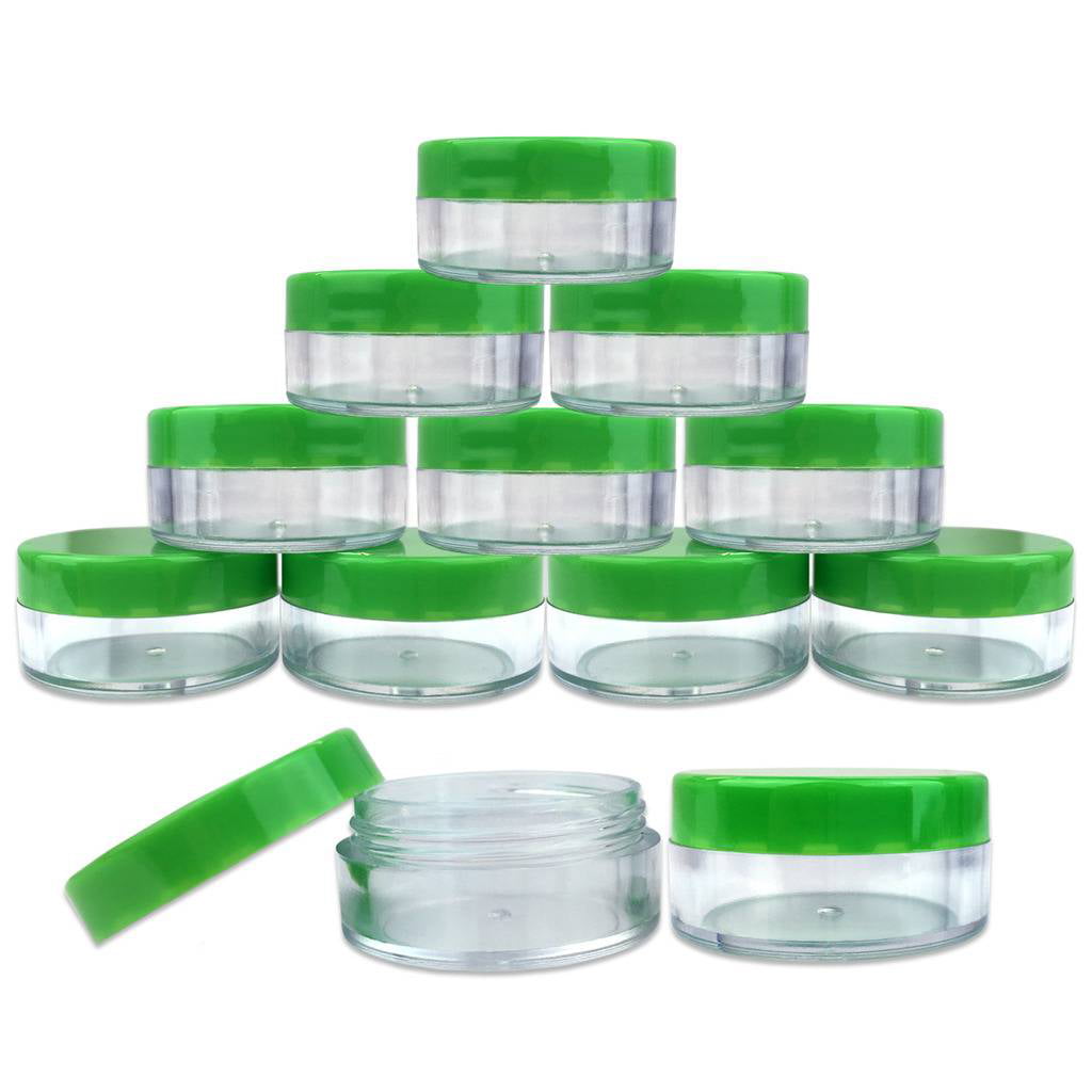 Beauticom 100 Pieces High Quality 10 Gram 10 ml (0.3 oz) Plastic Clear Round Cream Lotion Beauty Sample Jars with Green Lids