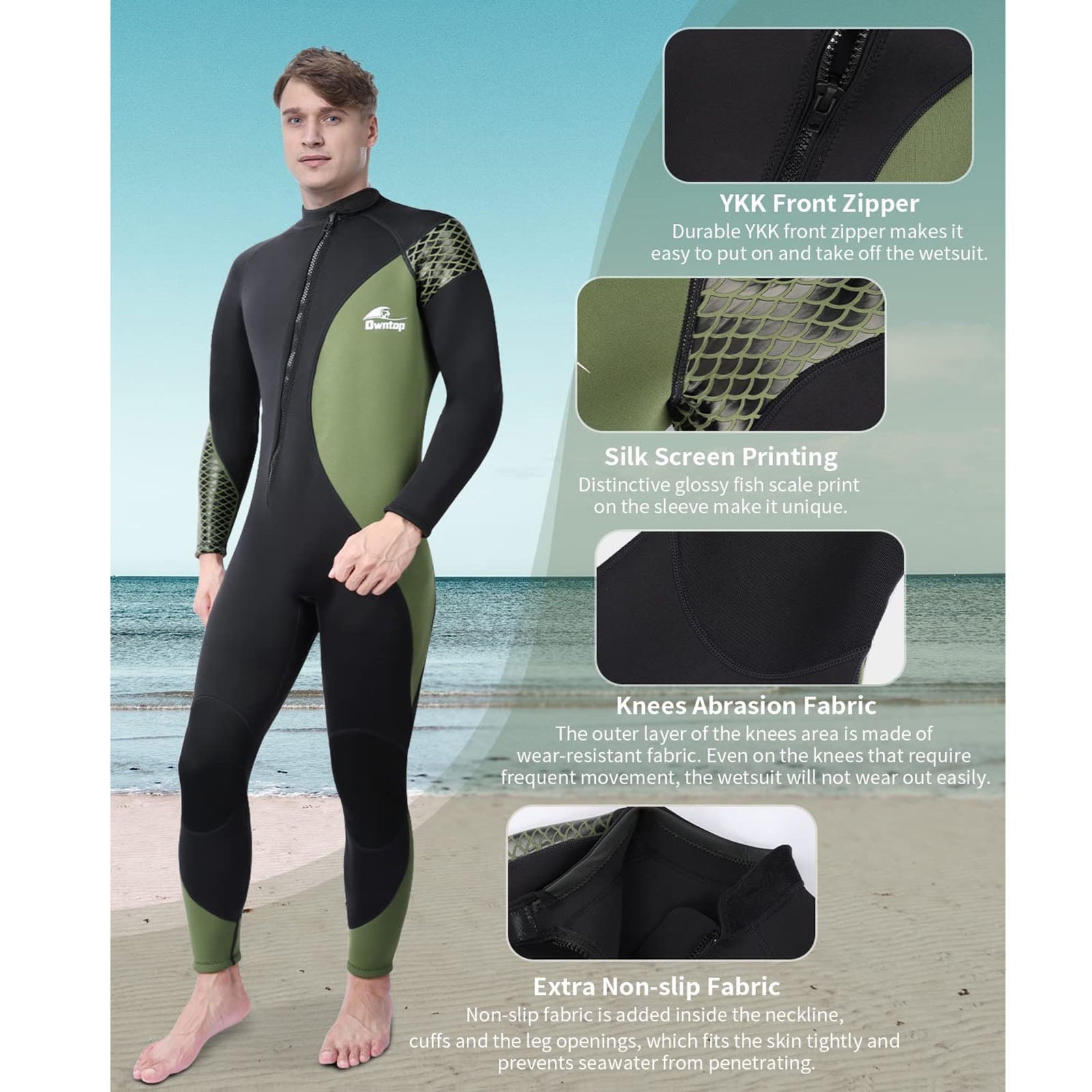 Owntop Wetsuits for Men 3mm Neoprene Wet Suit Full Body Keep Warm Diving Surfing Suit,Green