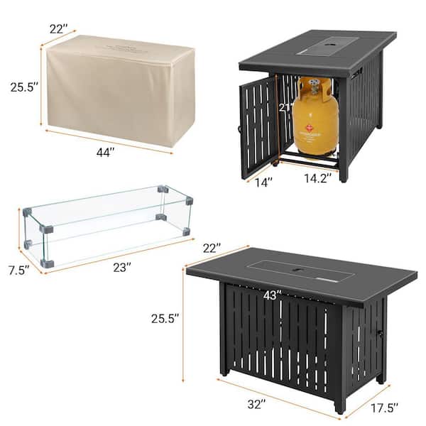 43 in. 50,000 BTU Black Steel Propane Fire Pit Table with Glass Wind Guard, Blue Fire Beads, Lid and Cover
