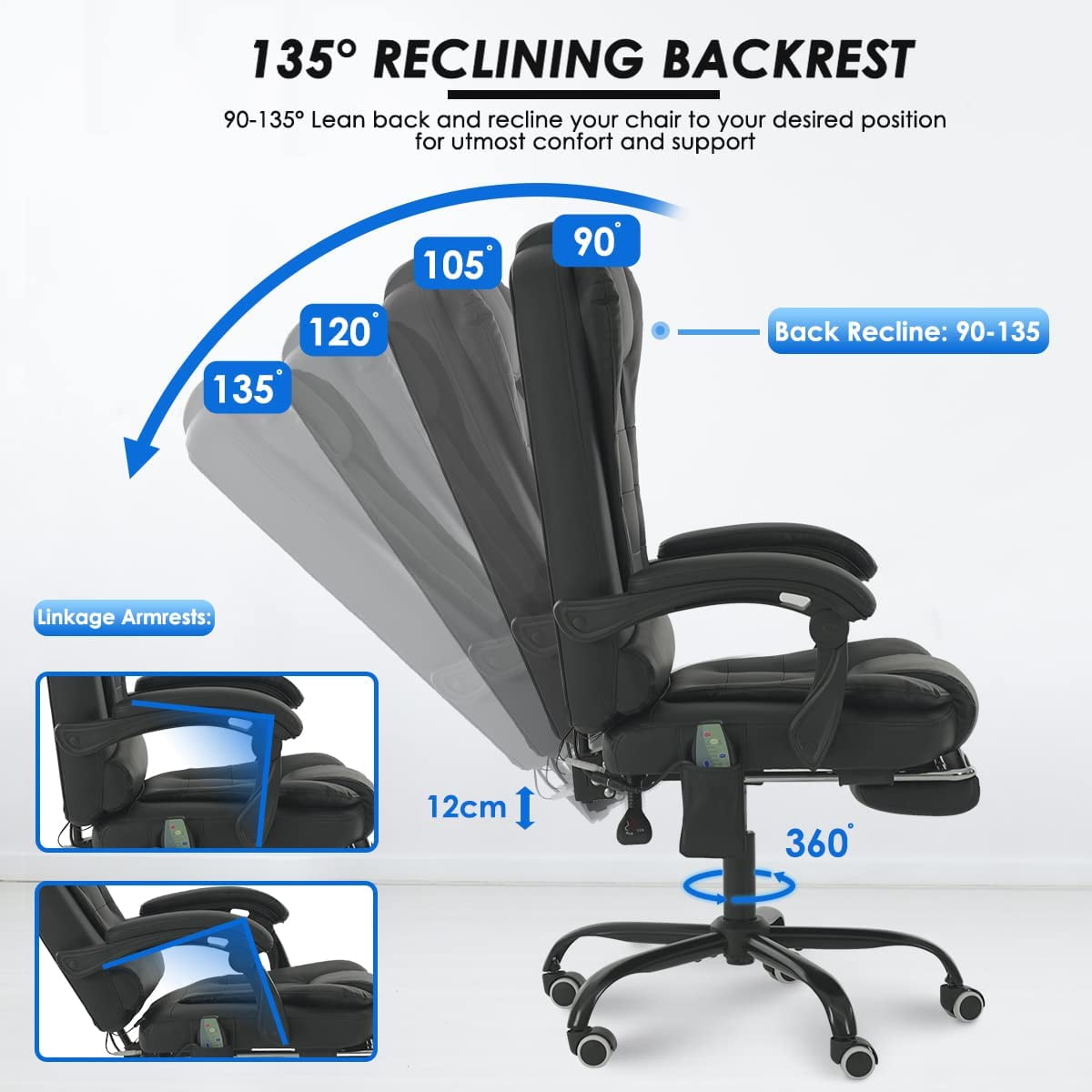 Massage Office Chair Ergonomic Executive Chair Office Gaming Chair with Adjustable Footrest and Linkage Armrest, Black