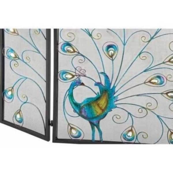 Peacock Themed Multi-Color Metal 3-Panel Fireplace Screen