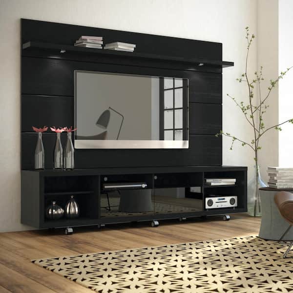 Cabrini 86 in. Black Engineered Wood Entertainment Center with 2 Drawer Fits TVs Up to 70 in. with Wall Panel