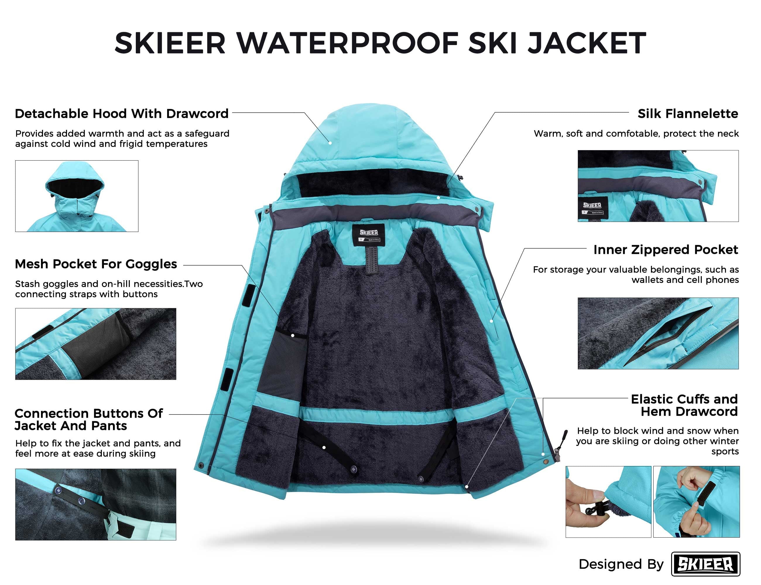 Skieer Women's Waterproof Ski Jacket Windproof Rain Jacket Winter Warm Hooded Coat Light Blue Small