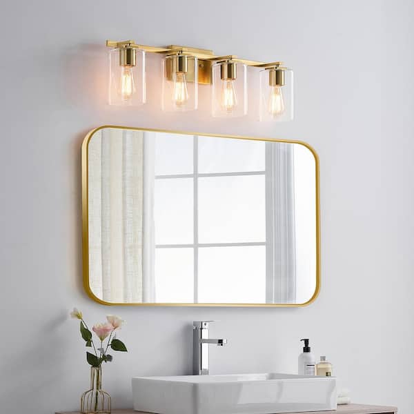 29 in. 4-Light Gold Bathroom Vanity Light with Rectangle Glass Shades
