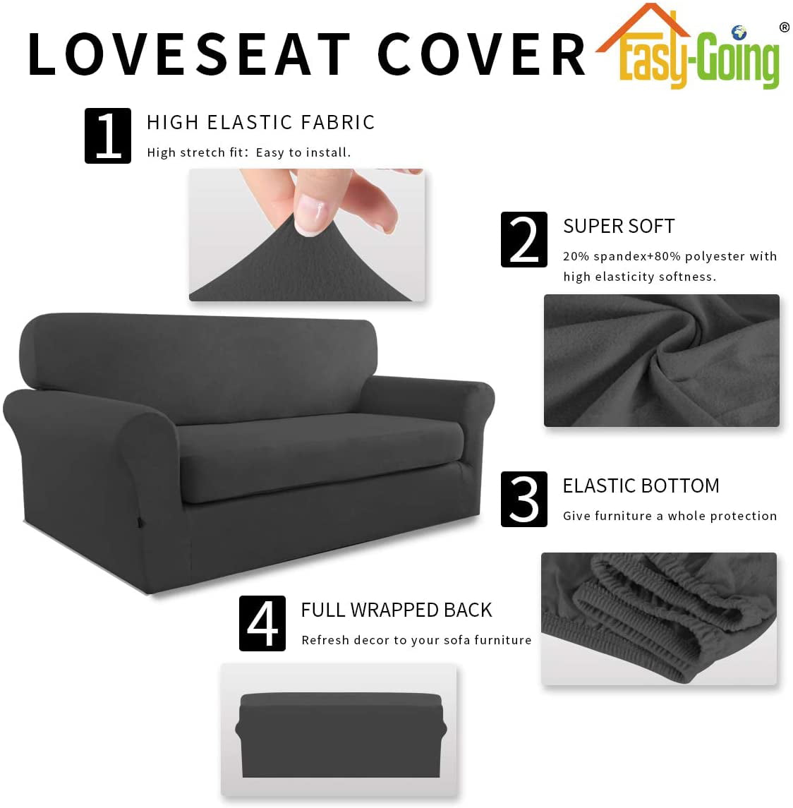 Easy-Going 2 Pieces Microfiber Stretch Sofa Slipcover Spandex Soft Sofa Couch Cover, Loveseat, Dark Gray