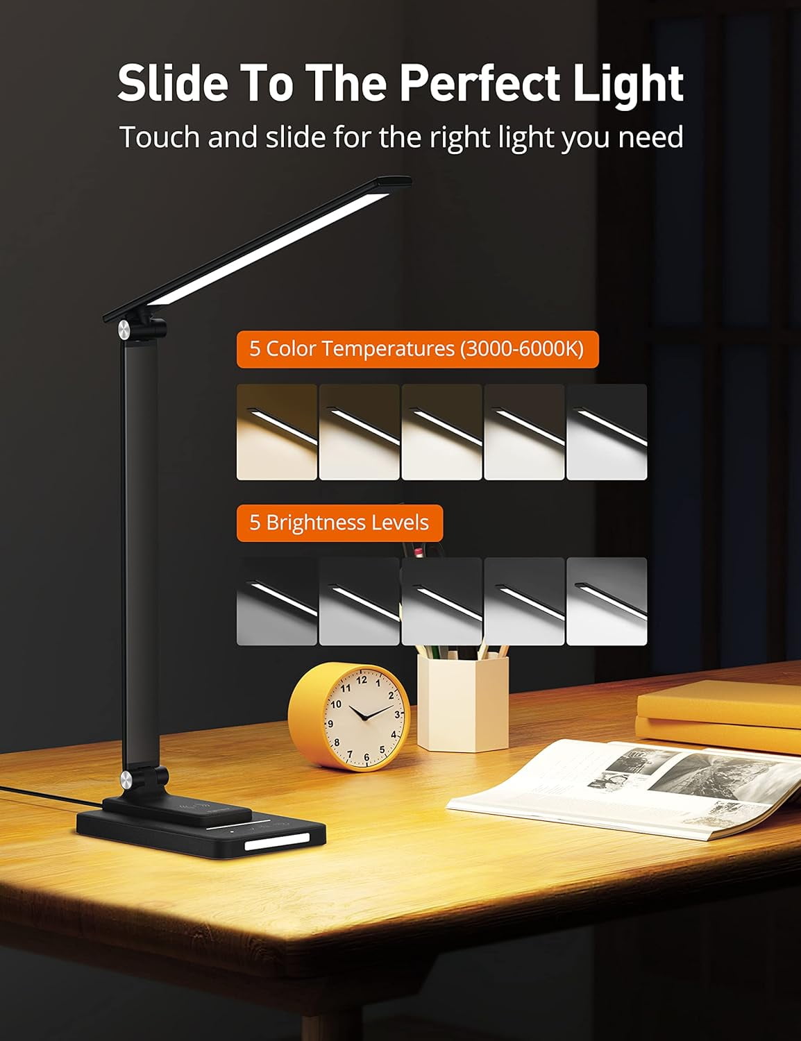TaoTronics Desk Lamp, Reading Light with Wireless Charger, Dimmable Lamp with 5 Lighting Modes 5 Brightness Levels,60 Min Timer & Touch Control, LED Lights for Bedroom, Black
