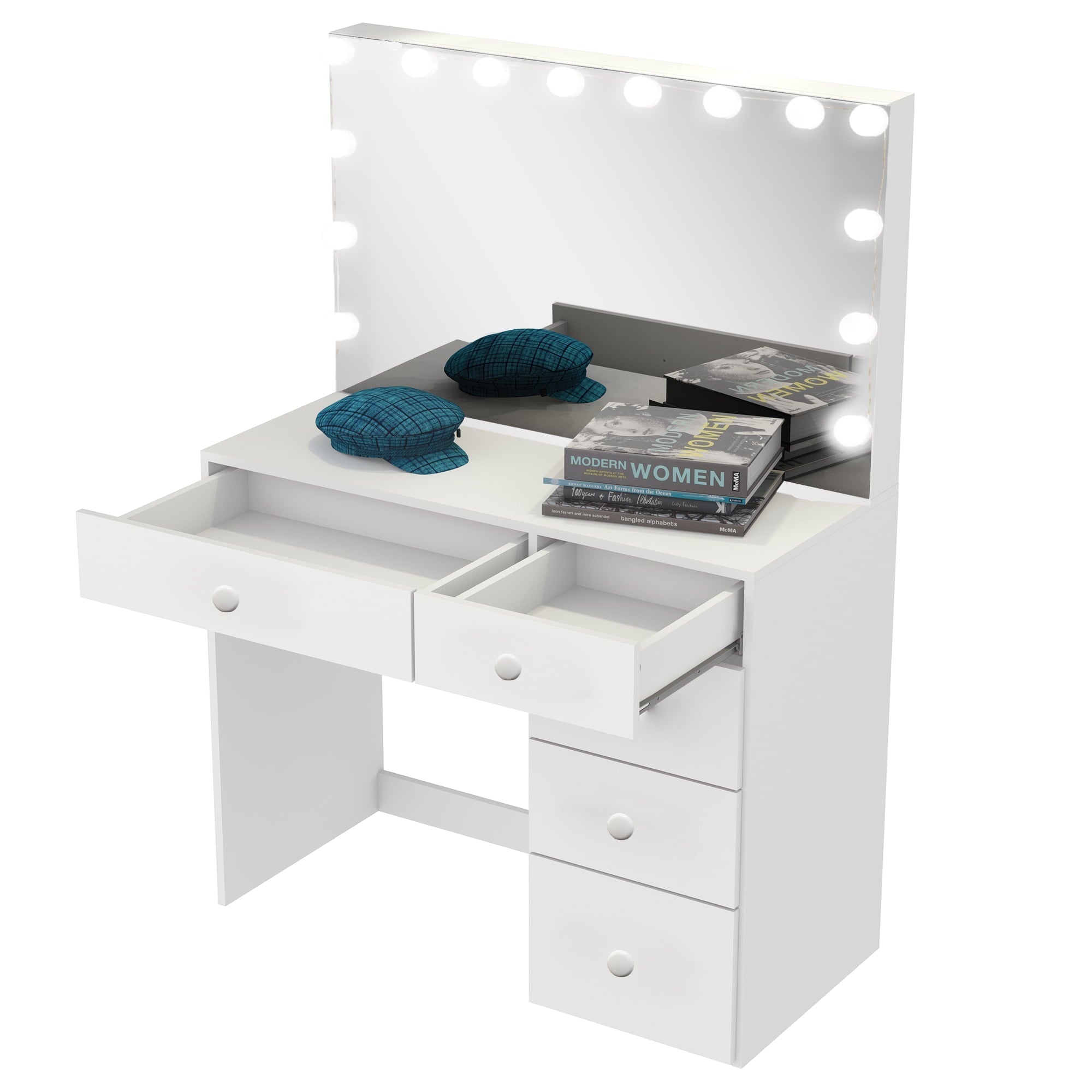 Boahaus Saranya Modern Vanity Desk with Light Bulbs, 5 Drawers, White