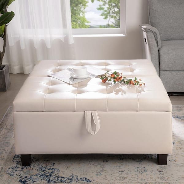 35-Inch Tufted Upholstered Lift-Top Ottoman Bench, Large Square Storage Coffee Table, Footrest Stool, Cream