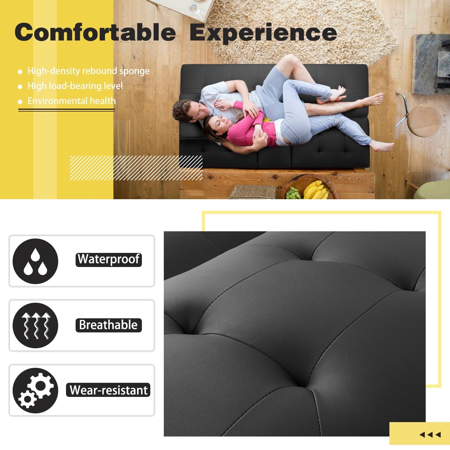 Lacoo Modern Faux Leather Convertible Futon with Cupholders & Pillows, 65