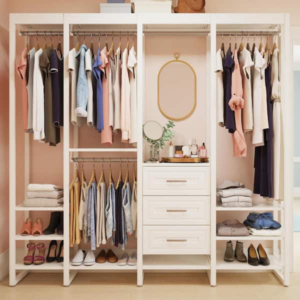 84 in. W White Adjustable Wood Closet System with 10-Shelves, 5-Rods and 3-Drawers
