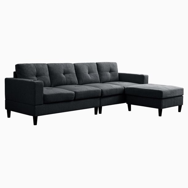 Mjkone Reversible Sectional Sofa, 4 Seat L-Shape Sofa Couches for Living Room, Convertible Sectional Couch with Reversible Chaise, Modular Sectional Couch with 2 Cup Holders for Apartment, Dark Grey