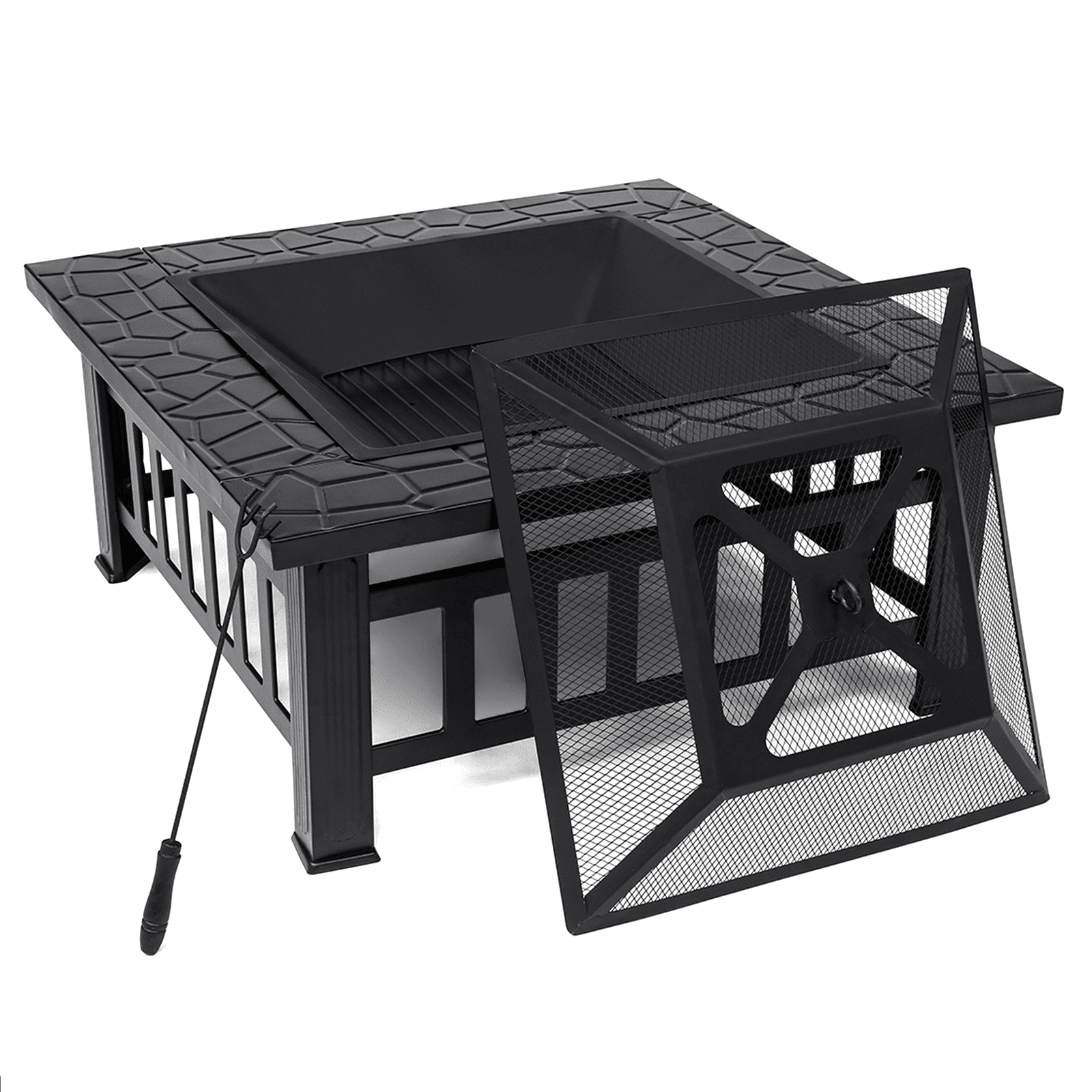 Singlyfire 32 inch Fire Pit Table for Outside Square Metal with Cover, Spark Screen, Log Grate poker