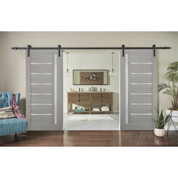 72 in. x 96 in. Single Panel Gray Solid MDF Sliding Door with Double Barn Black Kit