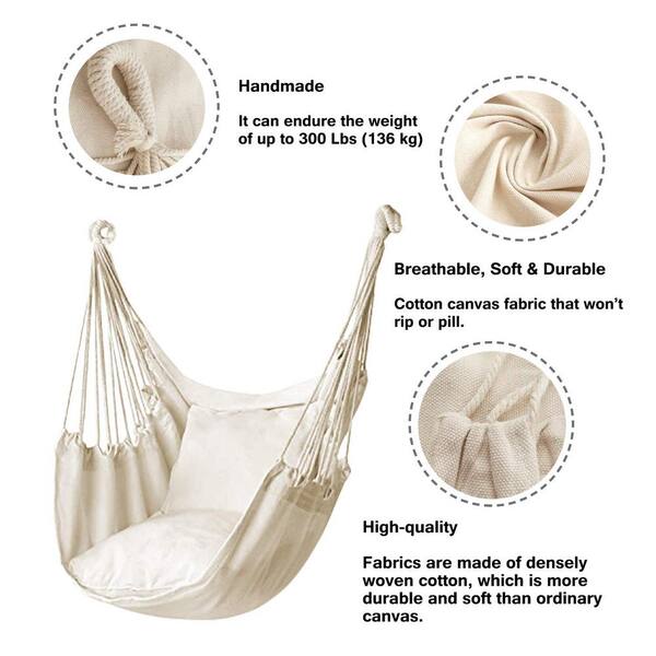 Hammock Chair Hanging Rope Swing, Max 300 lbs. Hanging Chair with Pocket- Quality Cotton Weave (Beige)