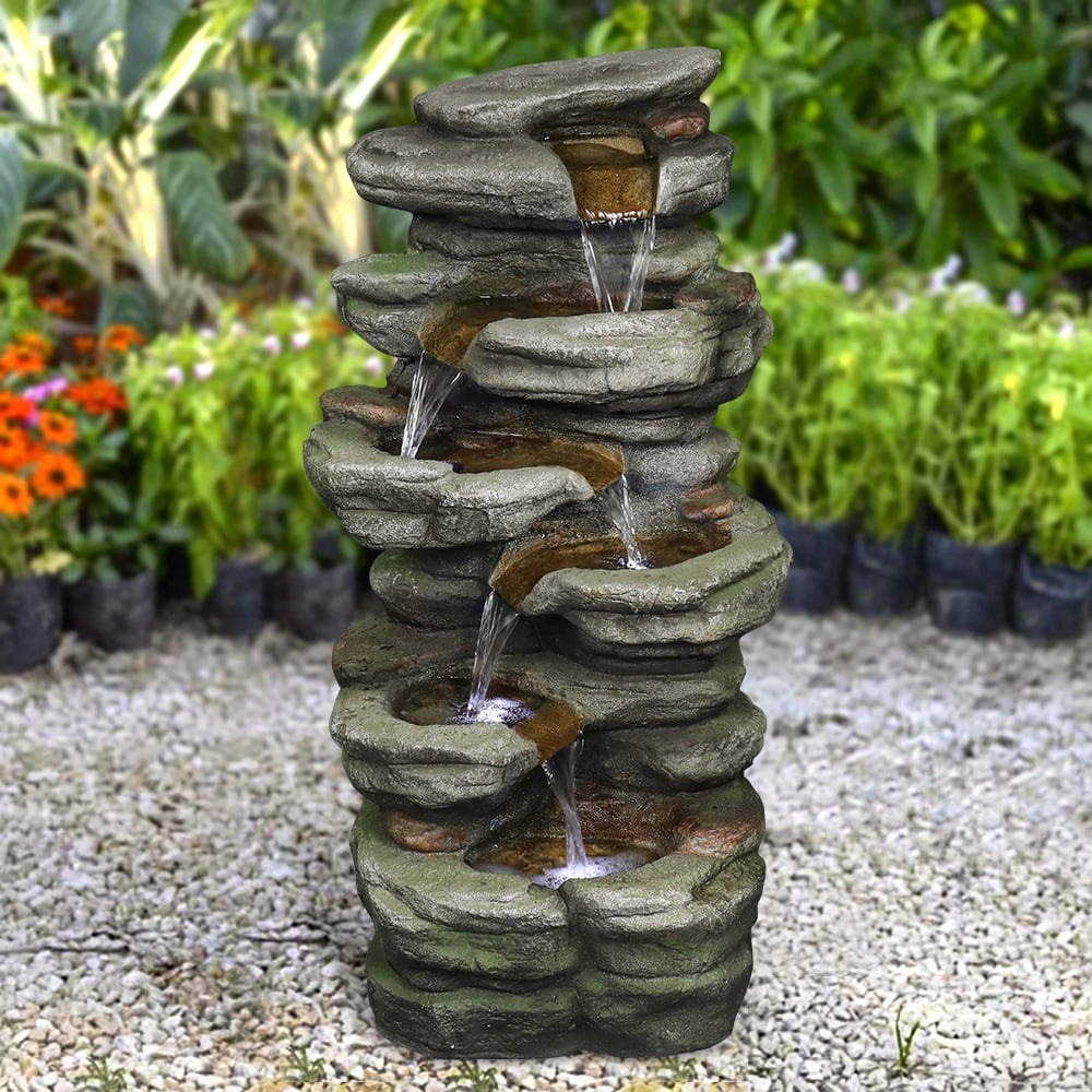Outdoor 5-Tier Rock Water Fountain with LED Lights - Rockery Cascading Outdoor Waterfall Fountain