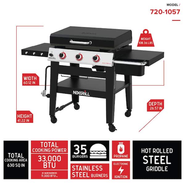 Daytona 3-Burner 30 in. Propane Gas Griddle in Black with Lid