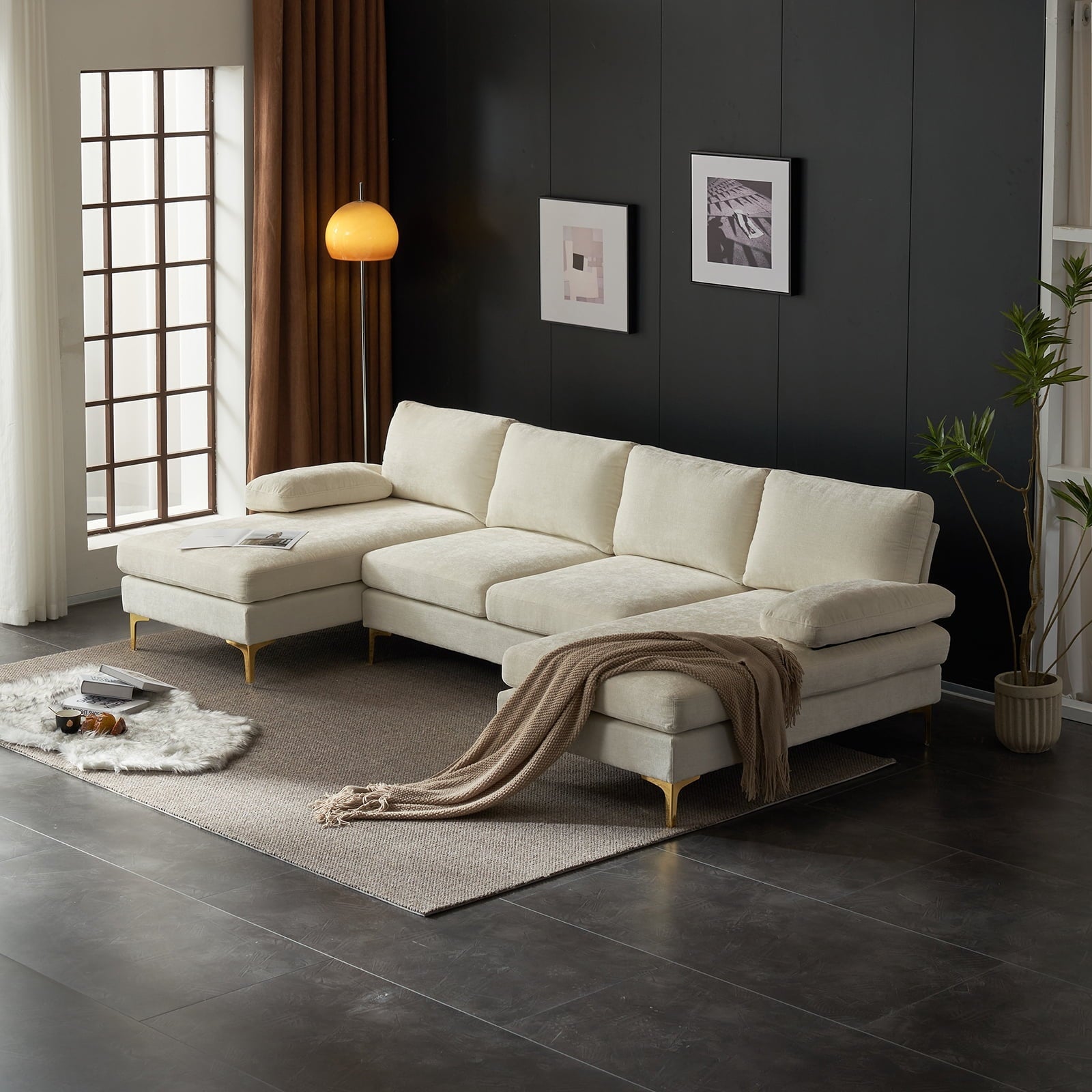 Zimtown Convertible Sectional Sofa,U Shaped Couch with Double Reversible Chaise, Chenille Fabric Fabric Sectional Couch with Metal Feet Beige