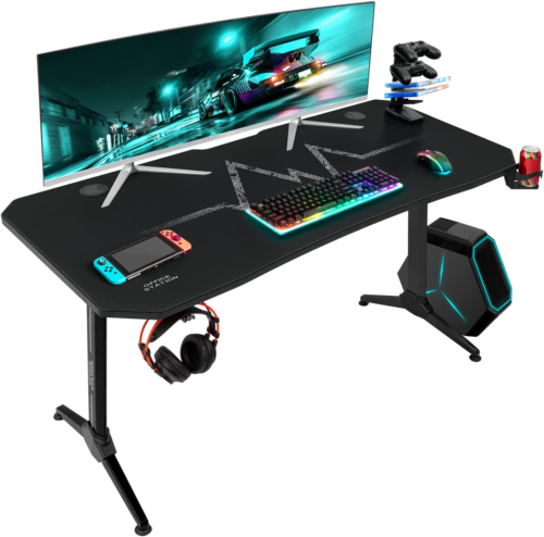 Gaming Desk T-Shaped Pc Computer Table with Carbon Fiber Surface Free Mouse Pad
