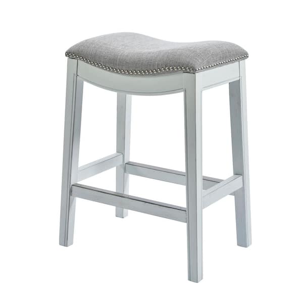 Zoey 25.5in. Saddle Counter-Height Stool with Antique Whitewashed Gray Linen Seat, One Stool