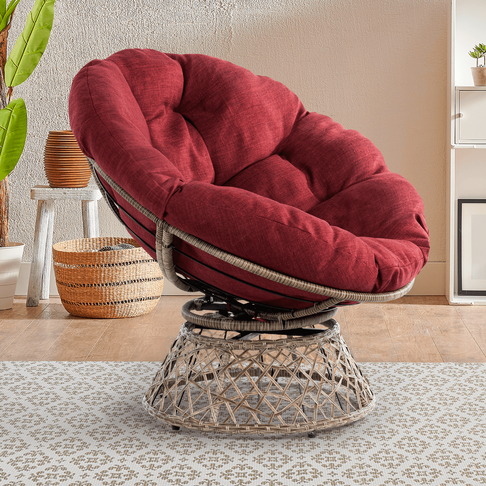 Aile 360 Swivel Comfy Papasan Chair with Fabric Cushion, Sturdy Metal Frame (Pure Pearl - White Frame)