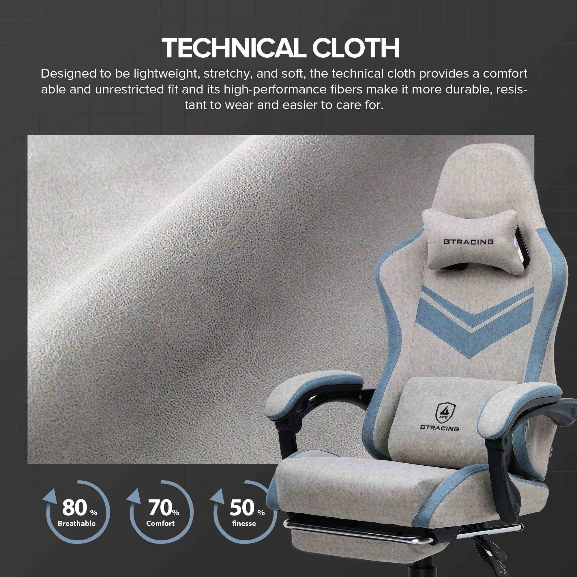 GTRACING Ergonimic Fabric Reclining Gaming Chair with Footrest and Linkage Armrests, Gray