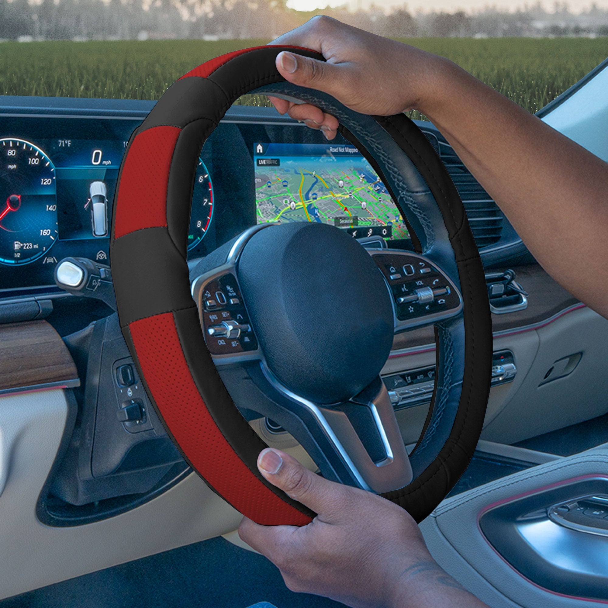 FH Group AFFH2002RED Red Deluxe Full Grain Authentic Leather Steering Wheel Cover With Air Freshener