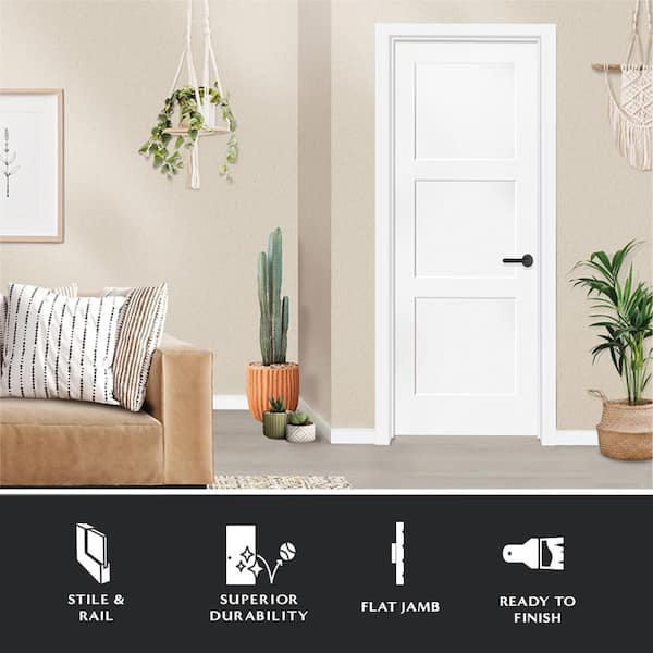 32 in. x 80 in. 3-Panel Equal Shaker White Primed LH Solid Core Wood Single Prehung Interior Door with Bronze Hinges