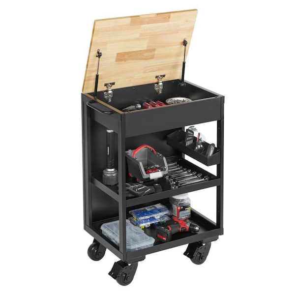 Heavy Duty Welded Utility Cart with Wooden Top in Black (24.25 in. W x 37.5 in. H x 17.5 in. D)