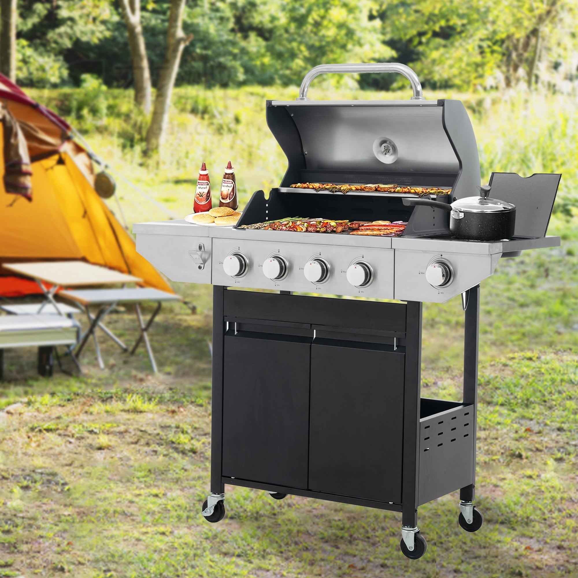 Highsound 4-Burner Propane Gas Grill with Side Burner, Porcelain-Enameled Cast Iron Grates 142,000BTU Outdoor Cooking Stainless Steel BBQ Grills Cabinet