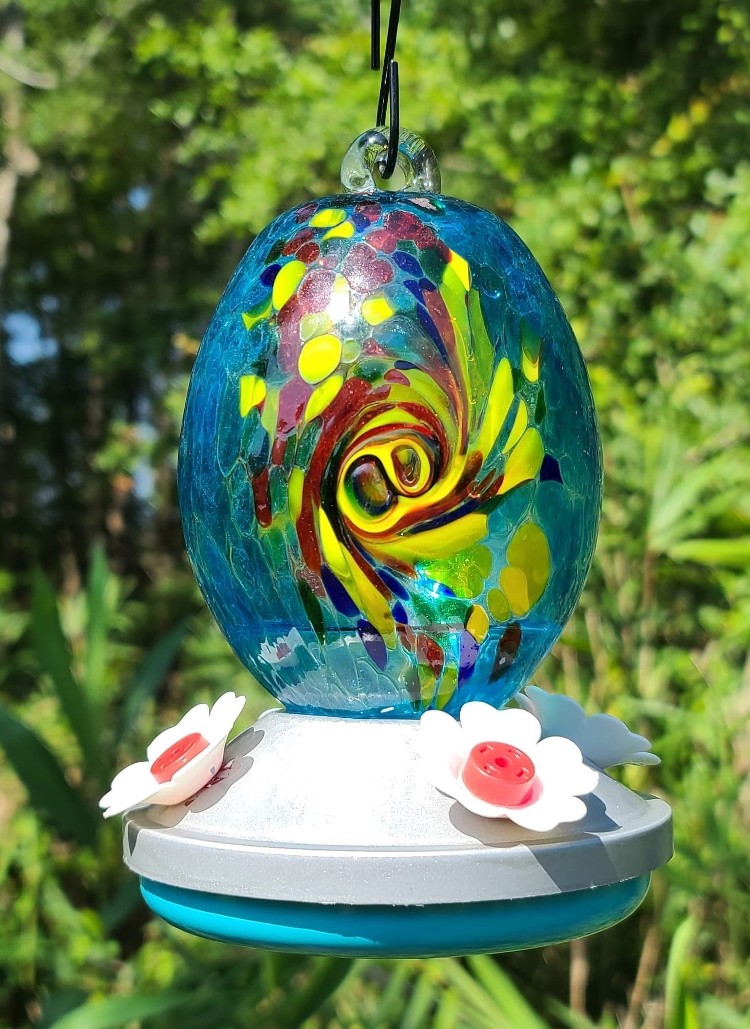 Griffin Products 16 oz. Blue Teal Hand Blown Glass Hummingbird Feeder