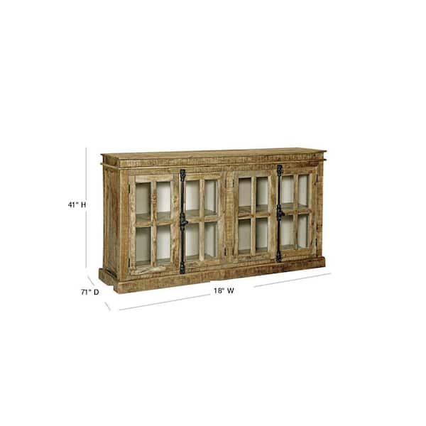 4-Door Brown Credenza with Wrought Iron Hardware and Glass Panels
