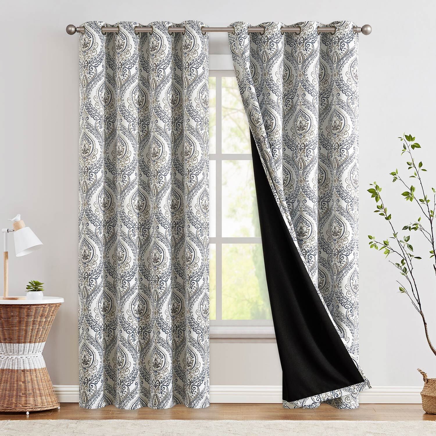Curtainking 100% Blackout Curtains 84 in Blue Damask Medallion Window Curtains for Bedroom Grommet Thermal Insulated Drapes for Living Room Vintage Luxury Window Treatments Set 2 Panels