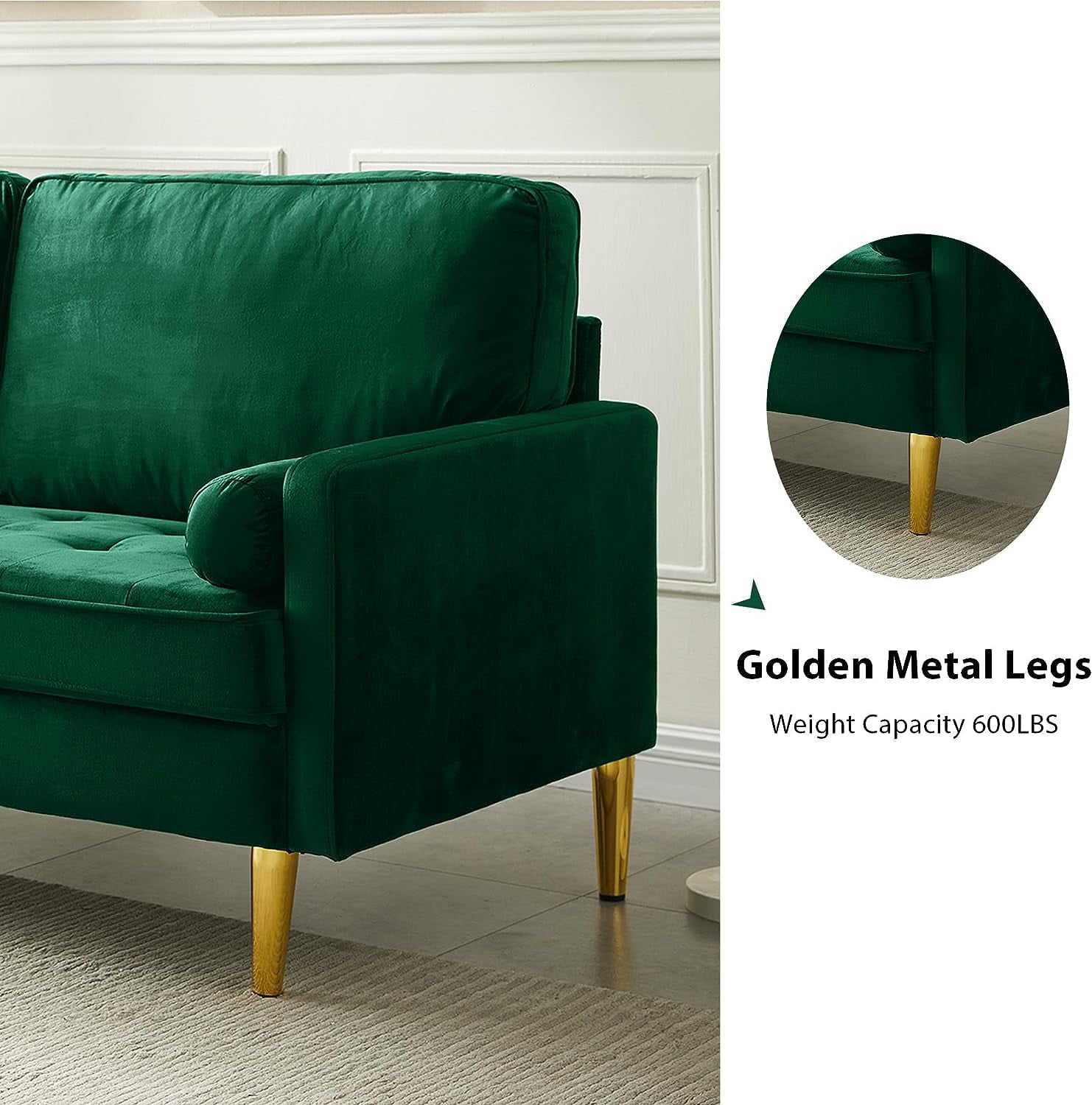 Velvet Loveseat Sofa, 66.9'' Mid Century Modern Small Love Seats with 2 Pillows & Golden Legs Comfy Couch for Living Room, Upholstered 2 Seater Sofa for Small Apartment