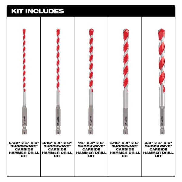 M18 FUEL 18V Lithium-Ion Brushless Cordless Hammer Drill (Tool-Only) W/SHOCKWAVE Carbide Hammer Drill Bit Set (5-Piece)