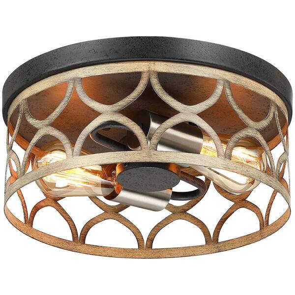 12 in. 2-Light Bronze and Wood Tone Flush Mount Ceiling Light