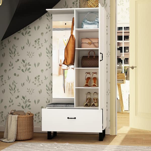 70.9 in. H Wood Hall Trees Coat Rack in White With Full-length Mirror Bench Bag Shoe Storage Double Hooks Drawer