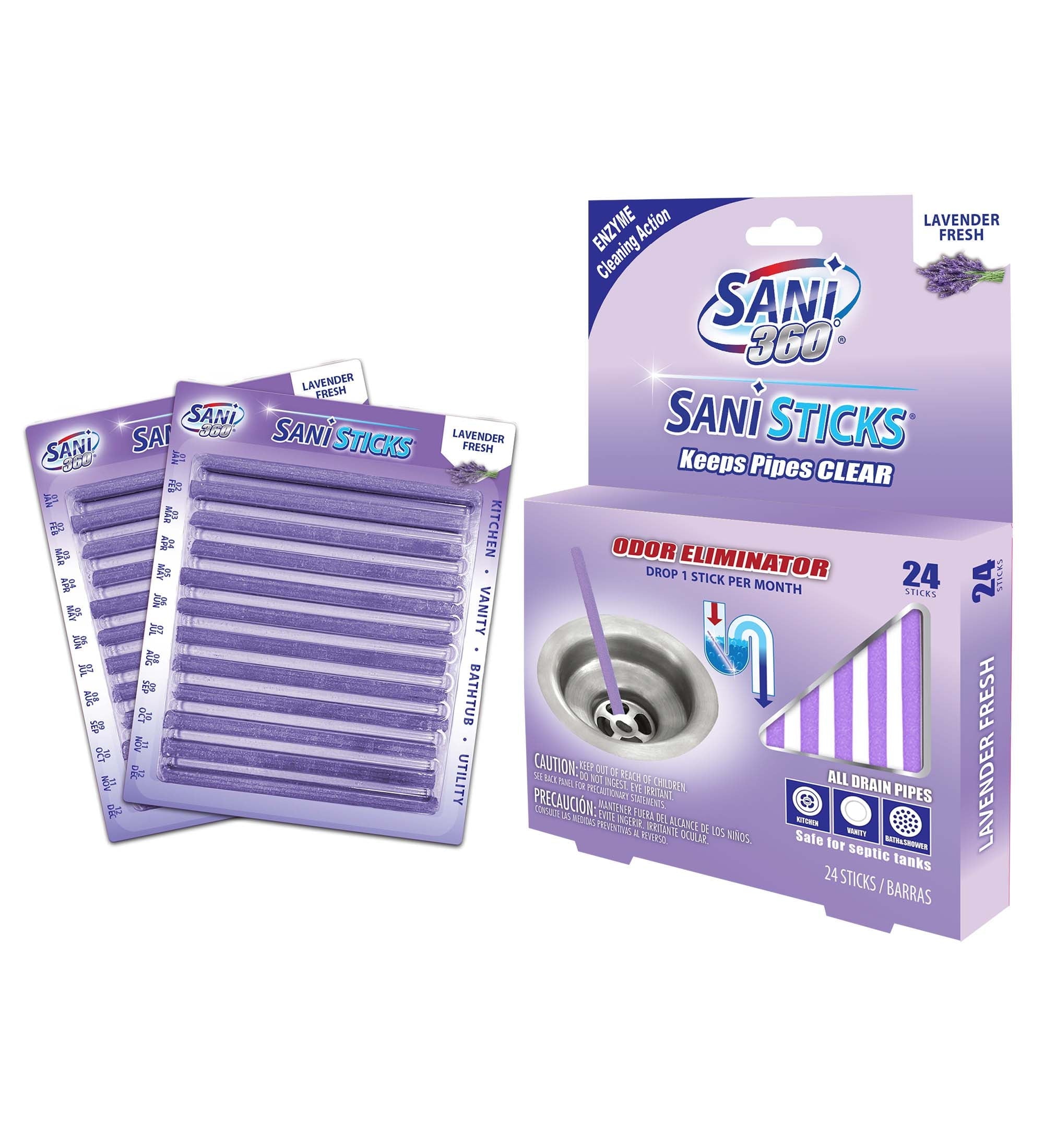 Sani 360 Sticks Lavender Fresh Drain Cleaner and Deodorizer, 24 Count