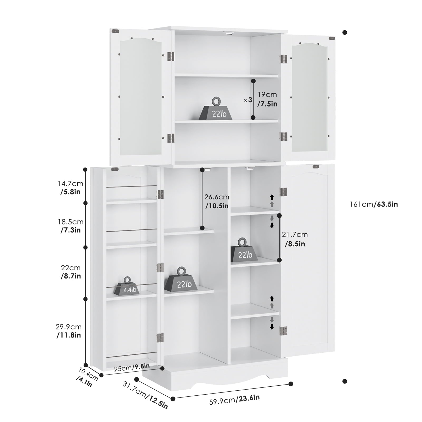 Homfa Kitchen Food Pantry Cabinet, 63.5'' Tall Storage Cabinet with Frosted Glass Doors and Adjustable Shelves, White
