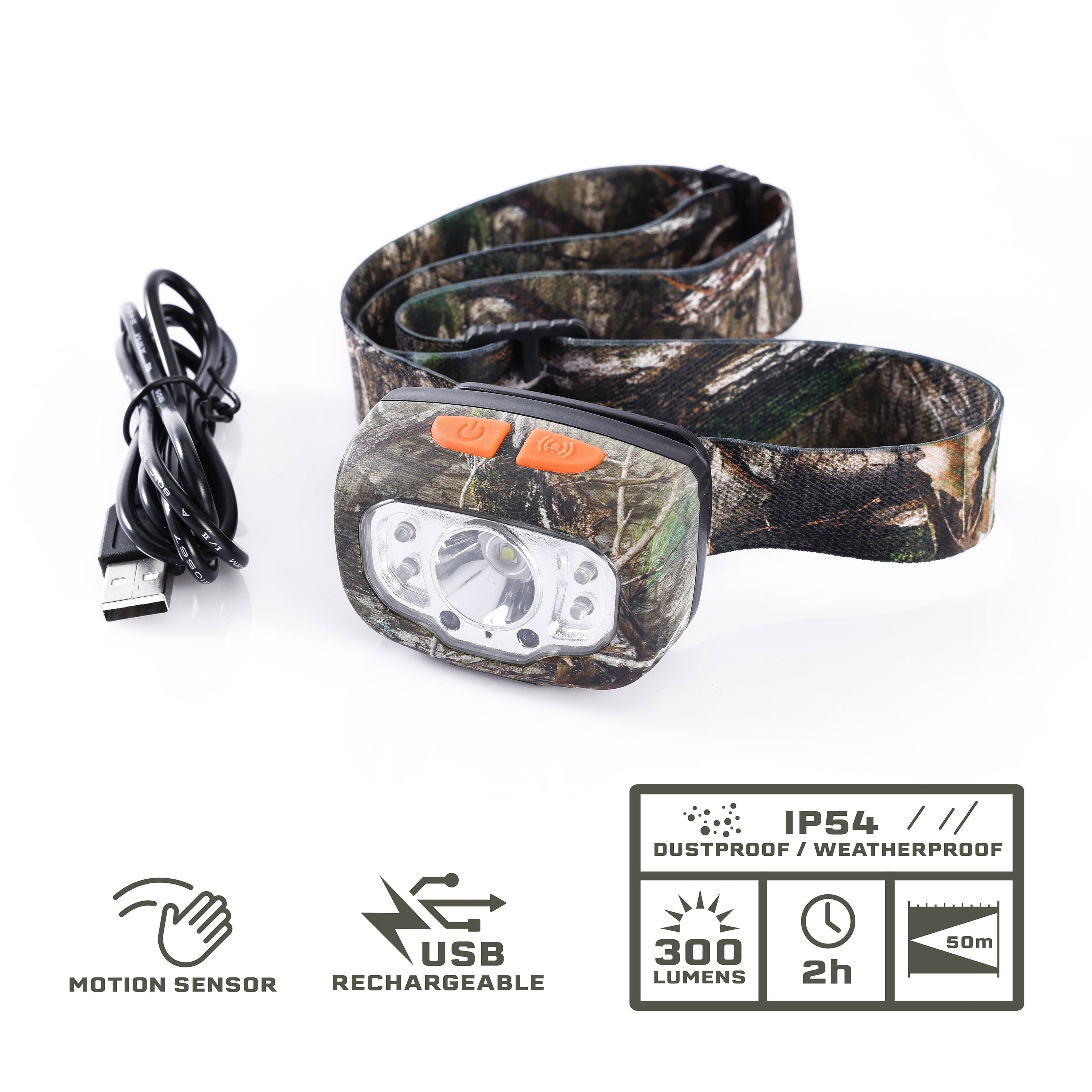 Mossy Oak Camo 300 Lumen Rechargeable Hunting Headlamp, Motion Sensor, UV Blood Tracker