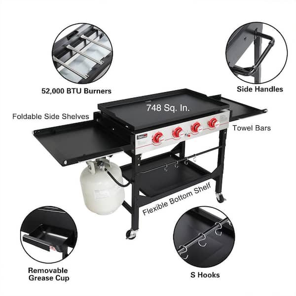 36 in. 4-Burner Propane BBQ Grill in Black Flat Top Gas Griddle with Top Cover Lid, for Large Outdoor Camping