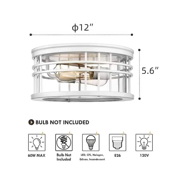 Farmhouse 12 in. 2-Light White Flush Mount Celling Light Fixture