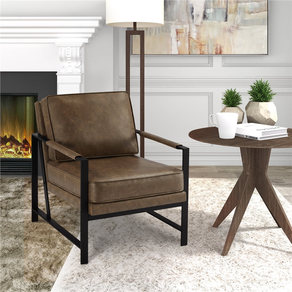 Topeakmart Upholstered Faux Leather Lounge Chair Accent Chair with Metal Arms, Brown